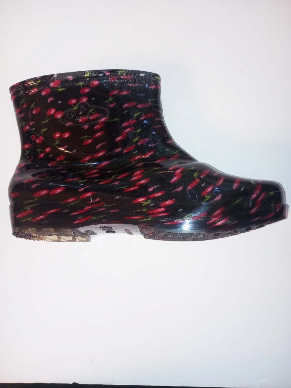 Women’s Black Retro Cherry Print Jelly Rain Boots NWOT 41